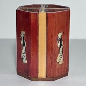 Vintage Asian HANDMADE WOOD Pencil Holder, MOTHER OF PEARL Inlay / 4 Compartment